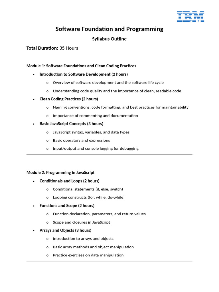 Software Foundation and Programming Course Outline AI | PDF | Java ...