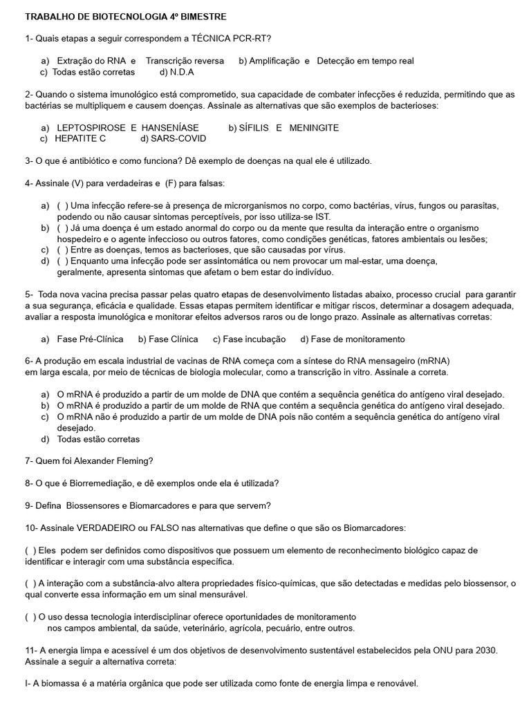 Questões sobre Biotecnologia e Saúde | PDF | RNA | ARN ribossômico