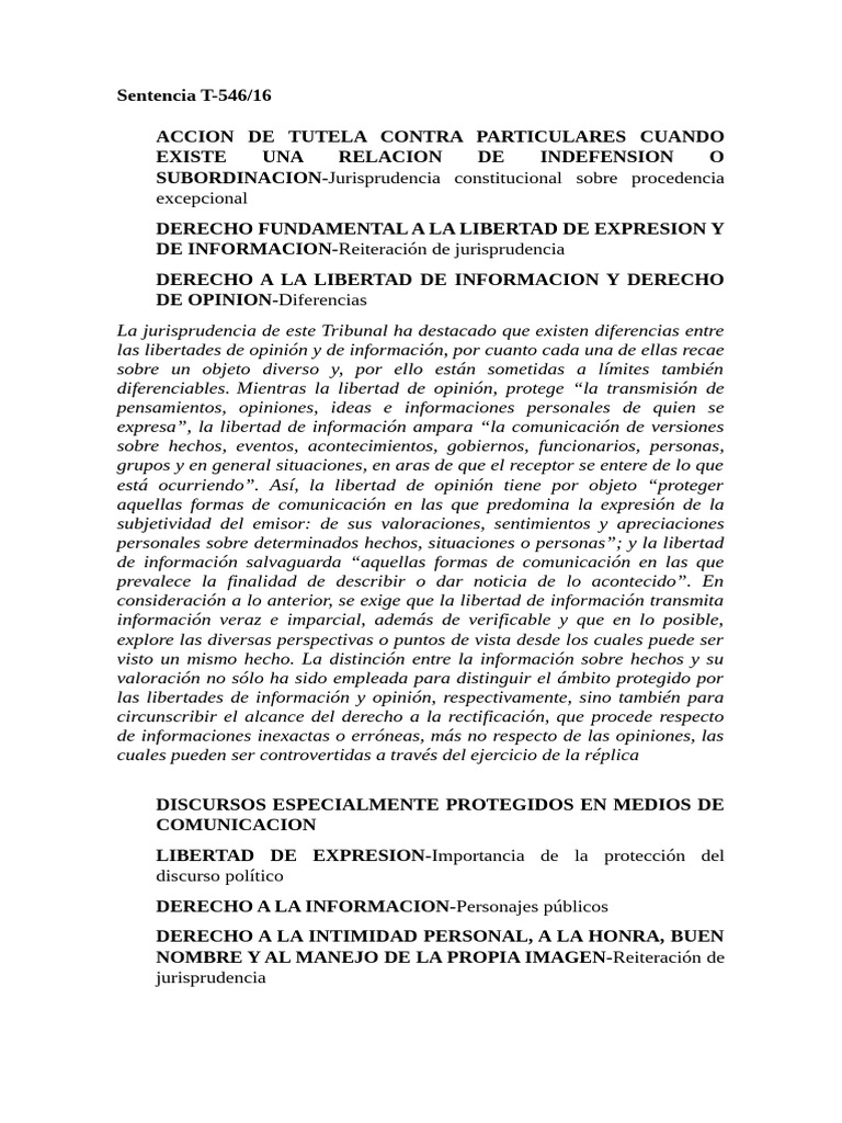 T-546-16 | PDF | Libertad de expresión | Derecho Constitucional