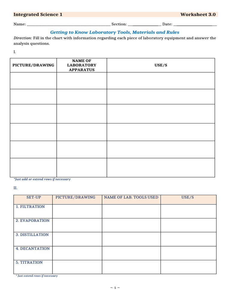 Worksheet Lab. Tools and Equipments | PDF | Laboratories