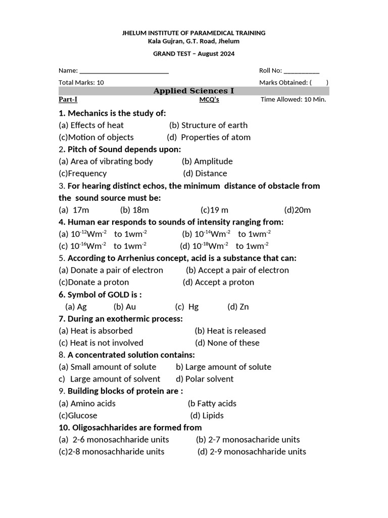 APPLIES SCIENCES-1 Question Paper | PDF | Acid | Glucose