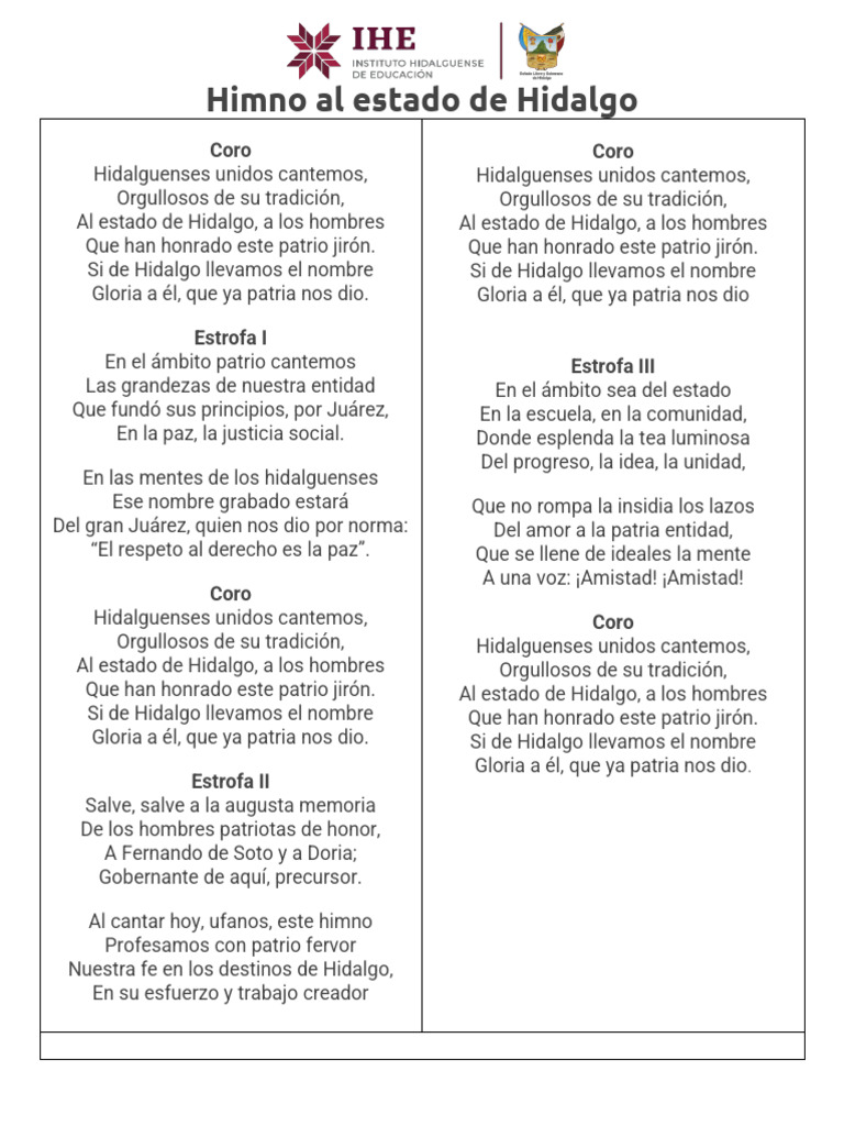 Himno del Estado de Hidalgo: Letra Completa | PDF