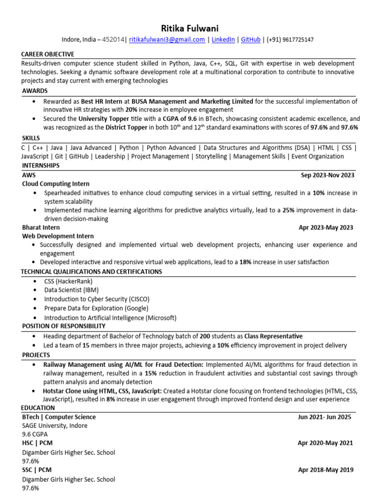 Computer Science Student Resume | PDF | Web Development | Artificial ...