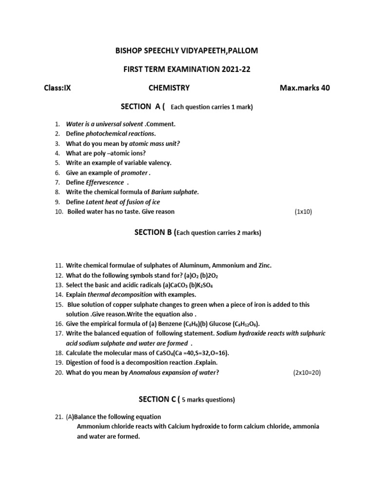 Class IX Chemistry Exam 2021-22 | PDF