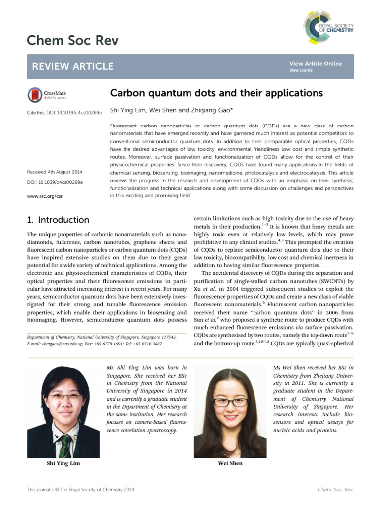 Carbon Quantum Dots: Synthesis & Applications | PDF | Emission Spectrum ...