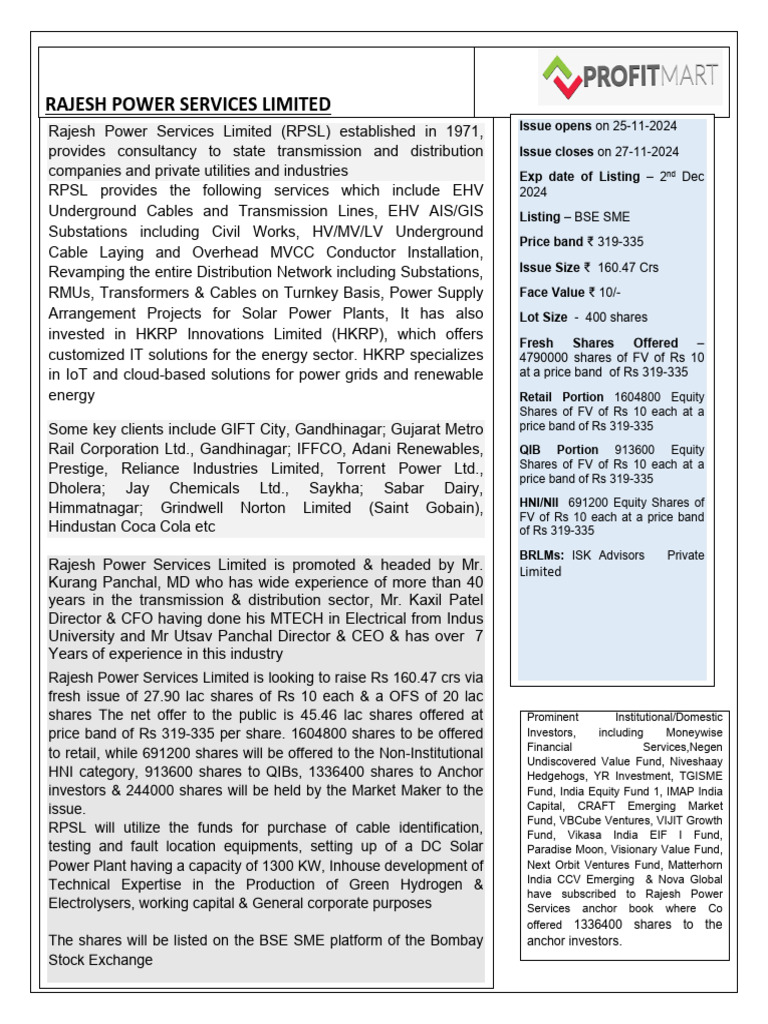 Rajesh Power Ipo Note | PDF | Investing | Securities (Finance)