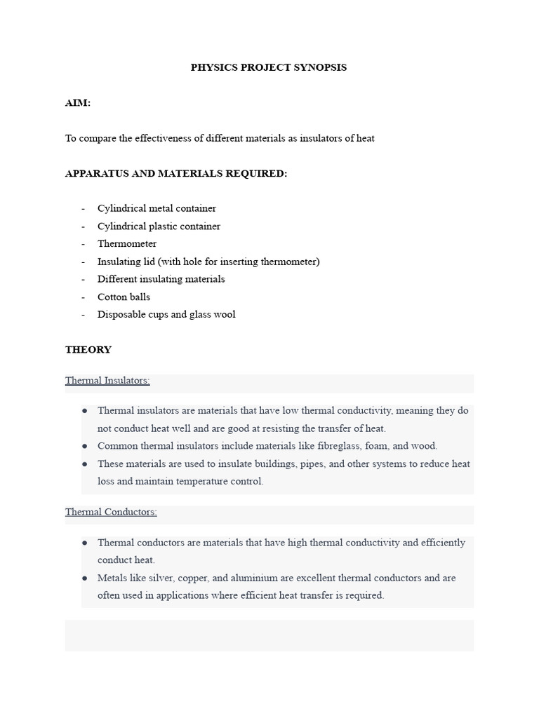 Physics Project Synopsis | PDF | Thermal Insulation | Heat Transfer
