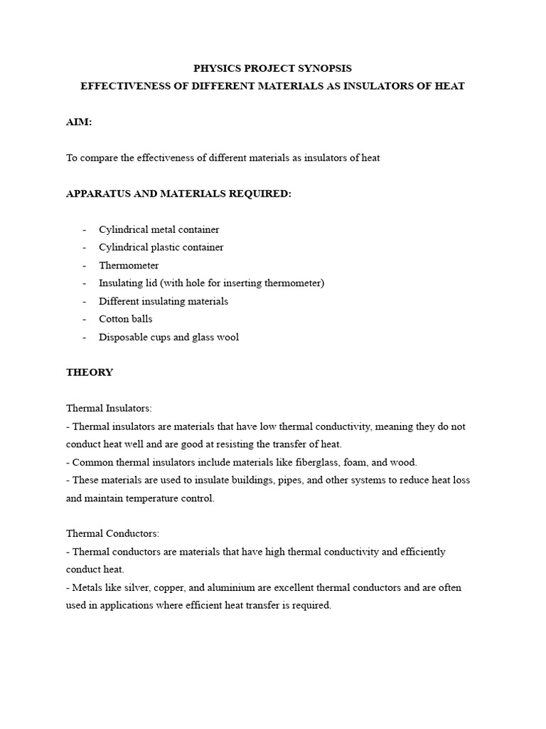 Physics Project Synopsis - Google Docs | PDF | Thermal Insulation ...