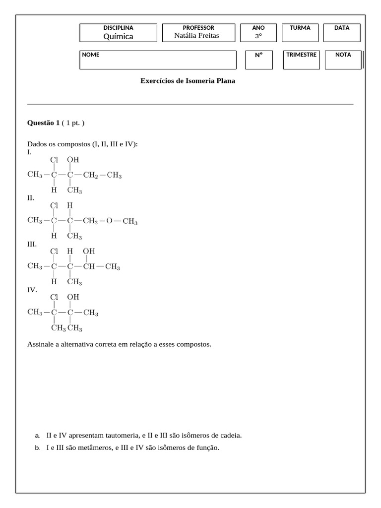 Exercícios sobre Isomeria Plana | PDF | Isômero | Química