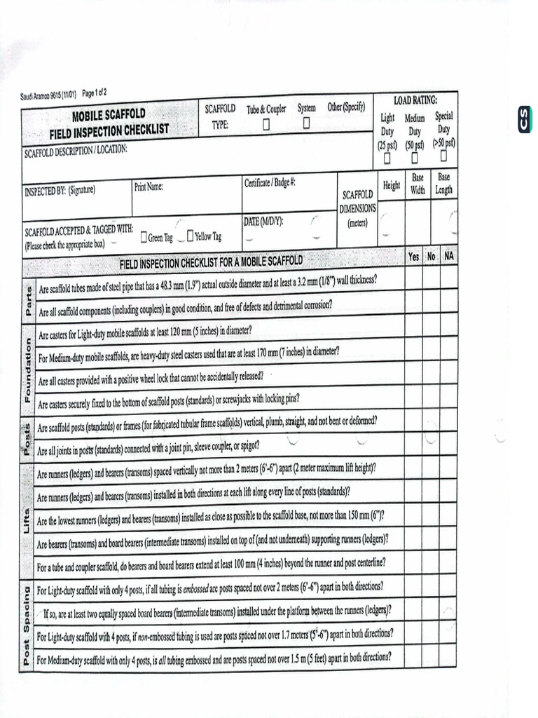 Mobile Scaffold Field Inspection | PDF