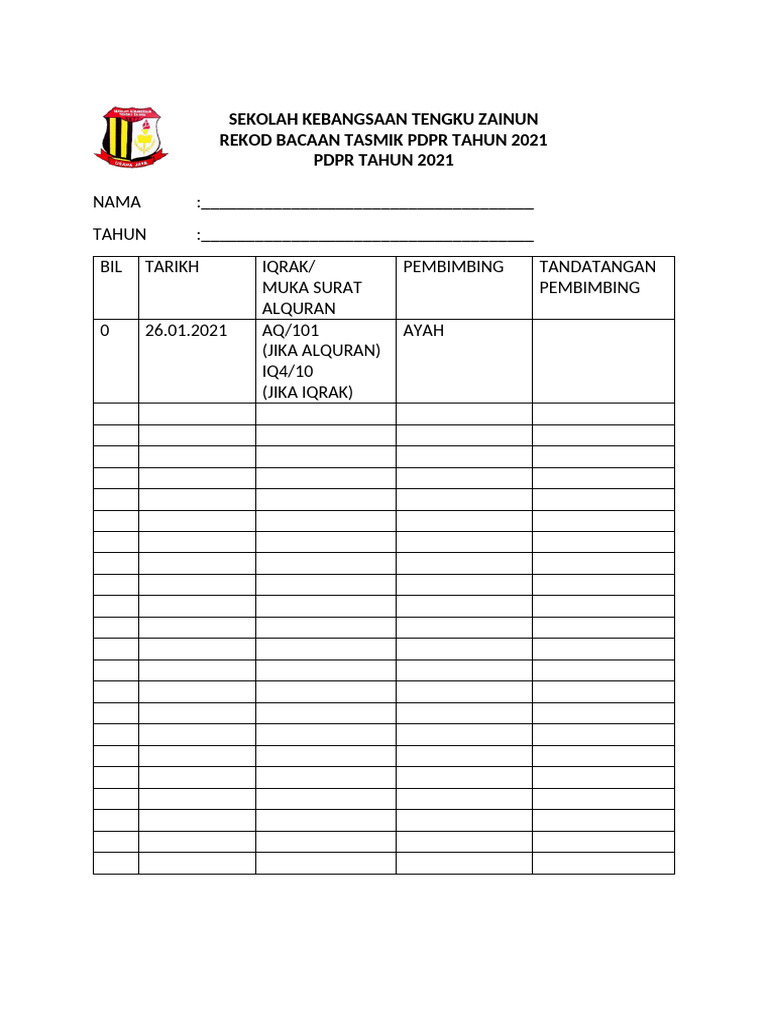 BORANG PDPR TASMIK | PDF
