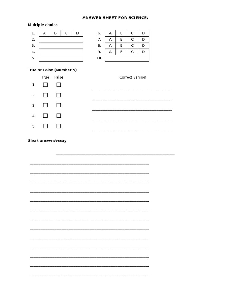 Science Answer Sheet Template | PDF