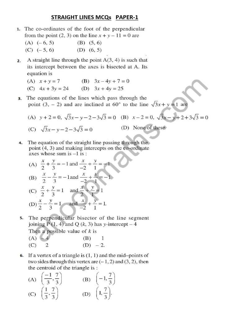 Straight Lines MCQ Paper 1 Questions 1731070620 | PDF