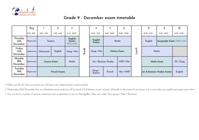 Grade 9 December Exam Timetable Pdf