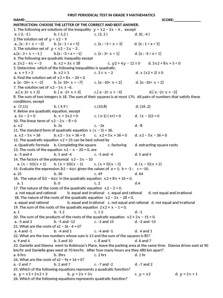 g9 First Periodical Exam | PDF | Algebra | Mathematical Concepts