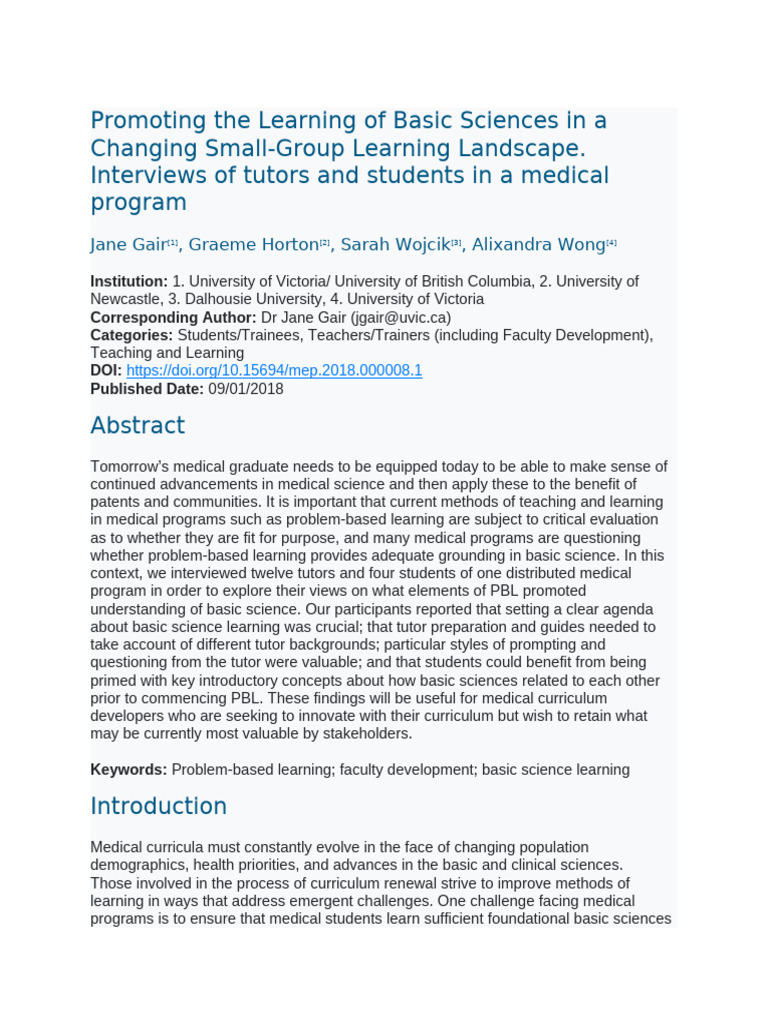 Enhancing Basic Science Learning in PBL | PDF | Curriculum | Learning