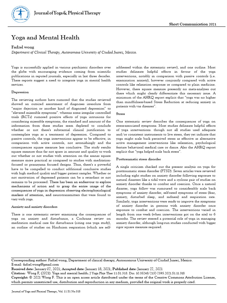 Yoga and Mental Health | PDF | Anxiety | Anxiety Disorder