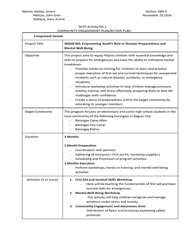 NSTP Action Plan: Skibidi Kids Program | PDF | First Aid | Survival Skills