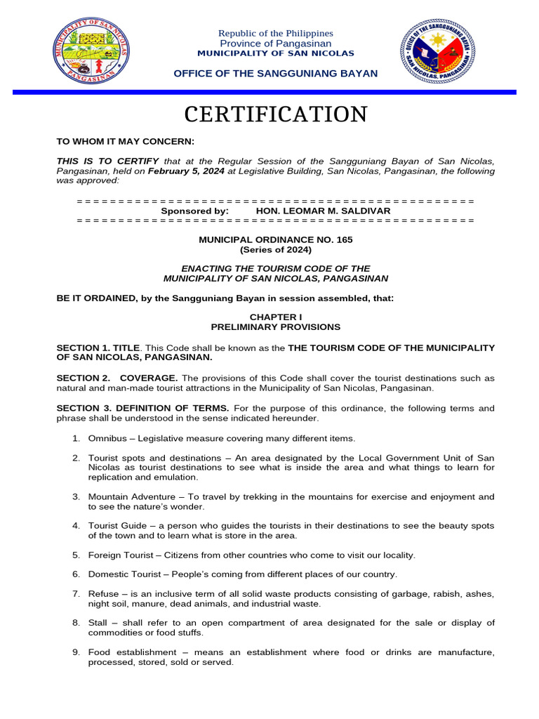 San Nicolas Tourism Code | PDF | Tourism | Public Toilet