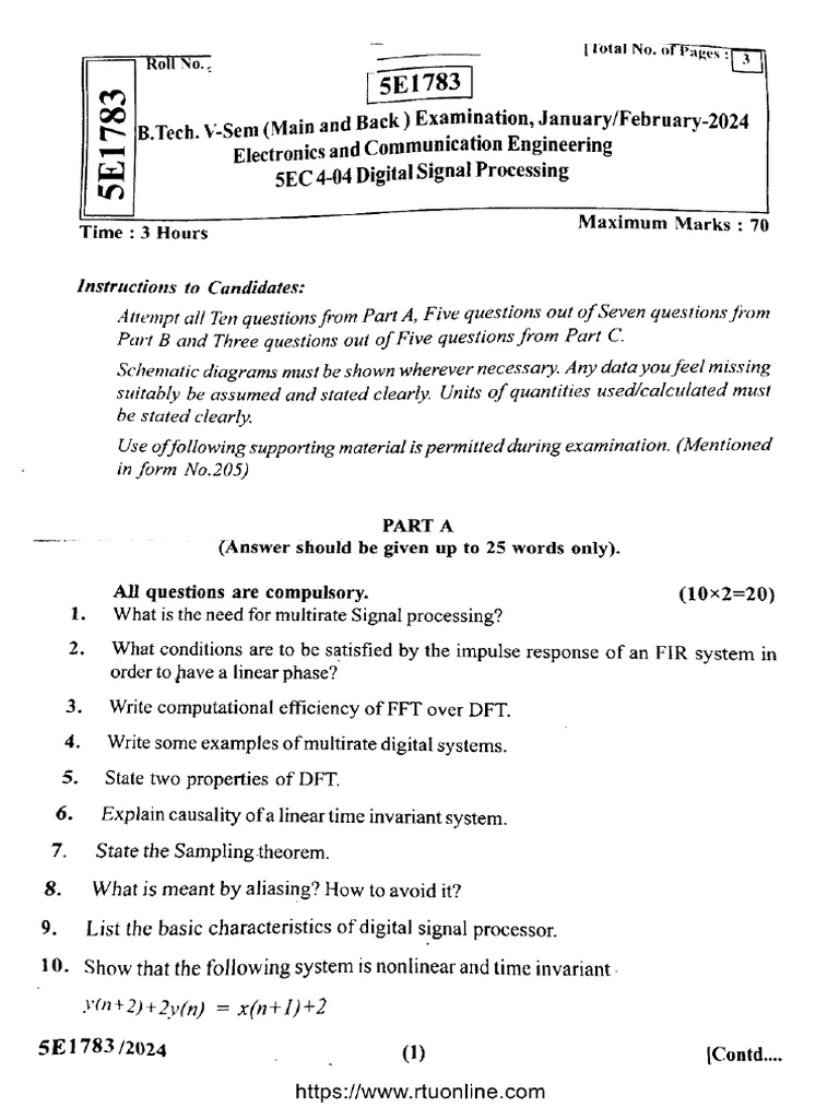 Btech Ec 5 Sem Digital Signal Processing 5e1783 Feb 2024 | PDF