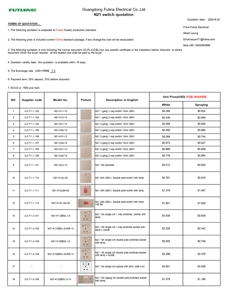 Futina N21 Switch Quotation 2024 | PDF