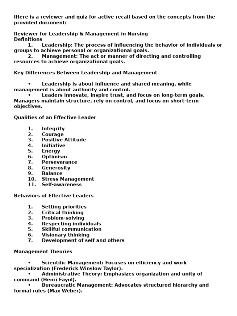 Leadership and Management in Nursing | PDF | Leadership | Nursing