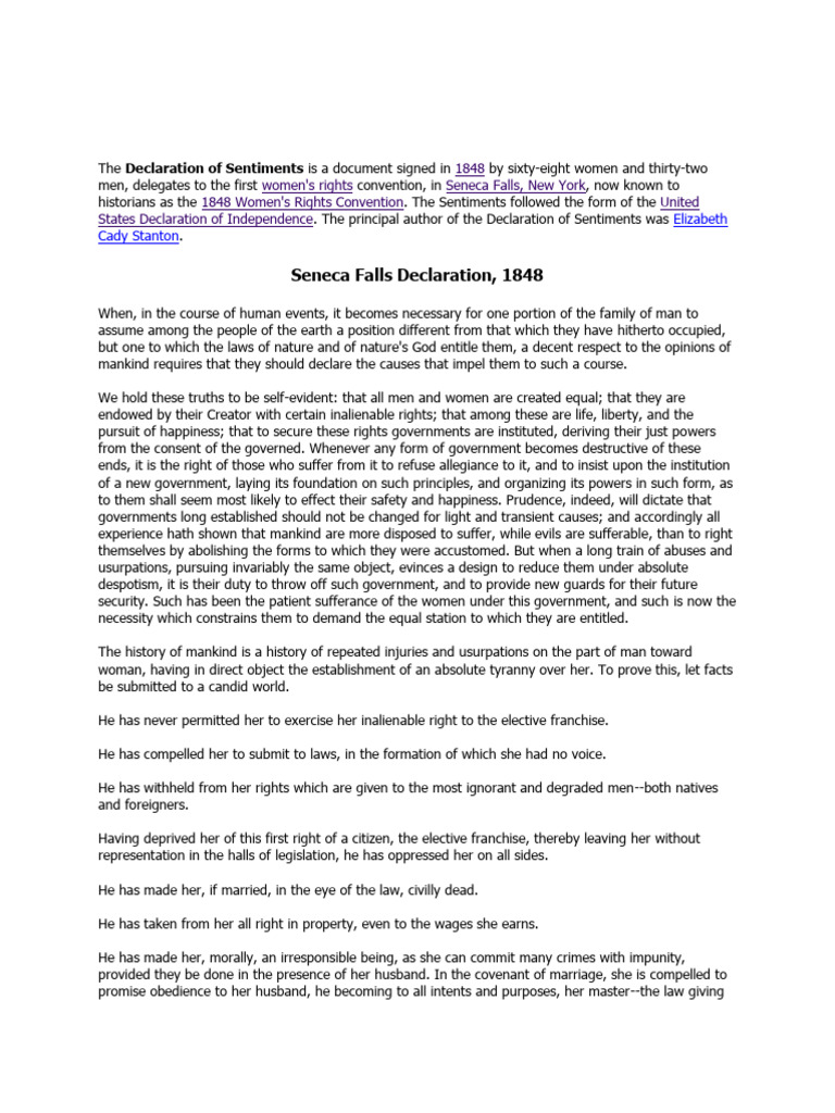 1848 Declaration of Sentiments Summary | PDF | Human Rights | Justice