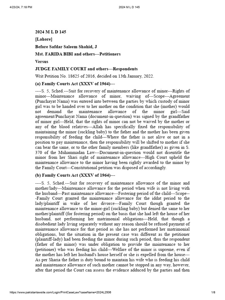 Lahore High Court on Minor's Maintenance | PDF | Judgment (Law) | Lawsuit