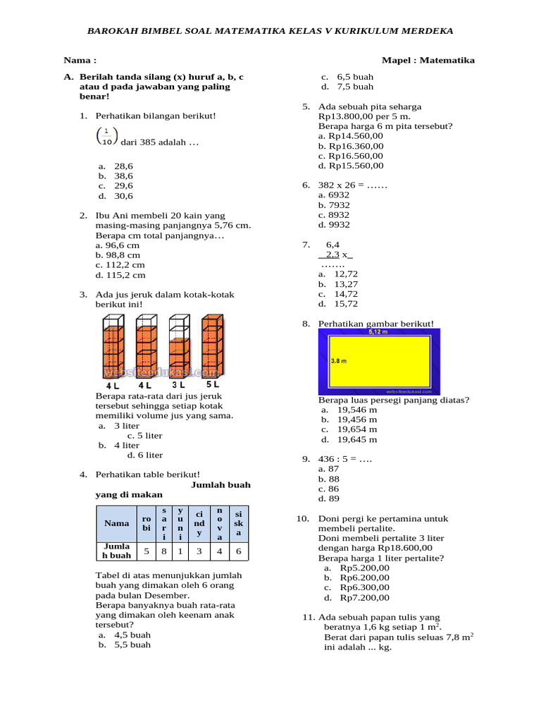 Soal Matematika Kelas 5 Kurikulum Merdeka | PDF