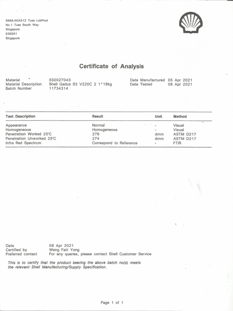 Shell Gadus S3 V220C 2 - COA | PDF