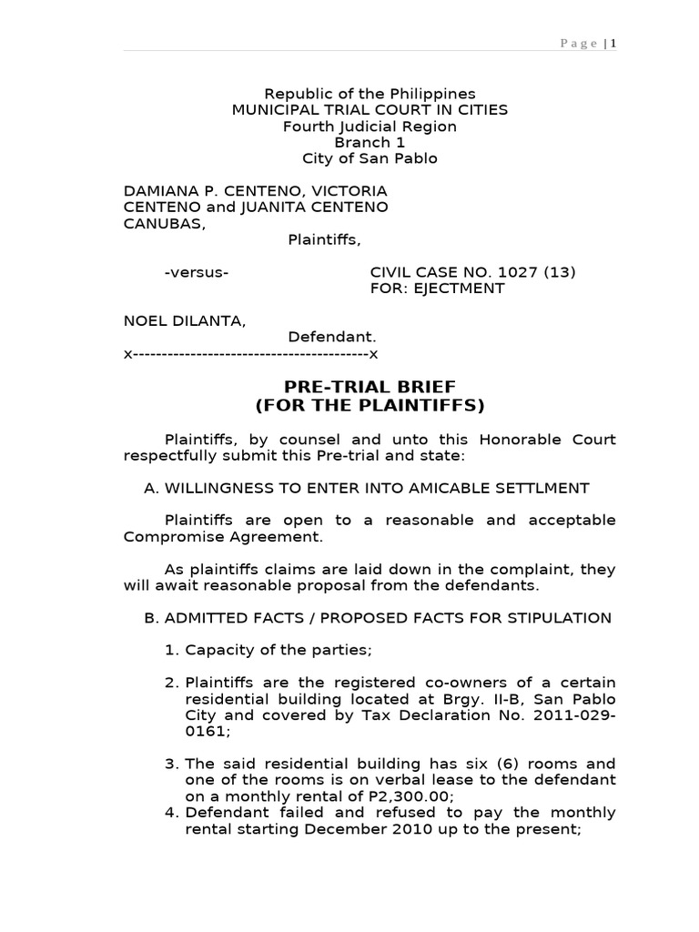 PRE TRIAL BRIEF | PDF | Lease | Complaint