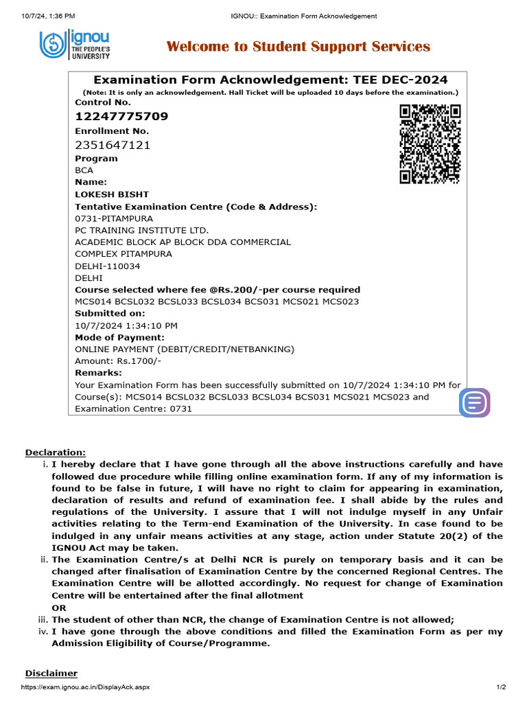 Ignou examination form acknowledgement pdf