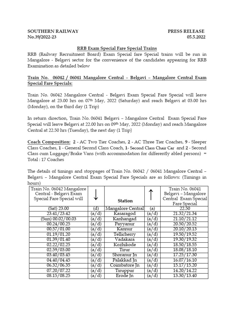 RRB Exam SPL Fare SPL Trains | PDF | Rail Transport | Rolling Stock