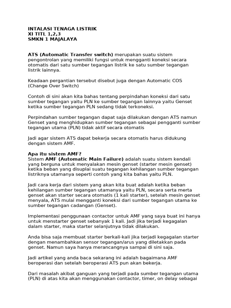 Instalasi ATS dan AMF Genset Otomatis | PDF