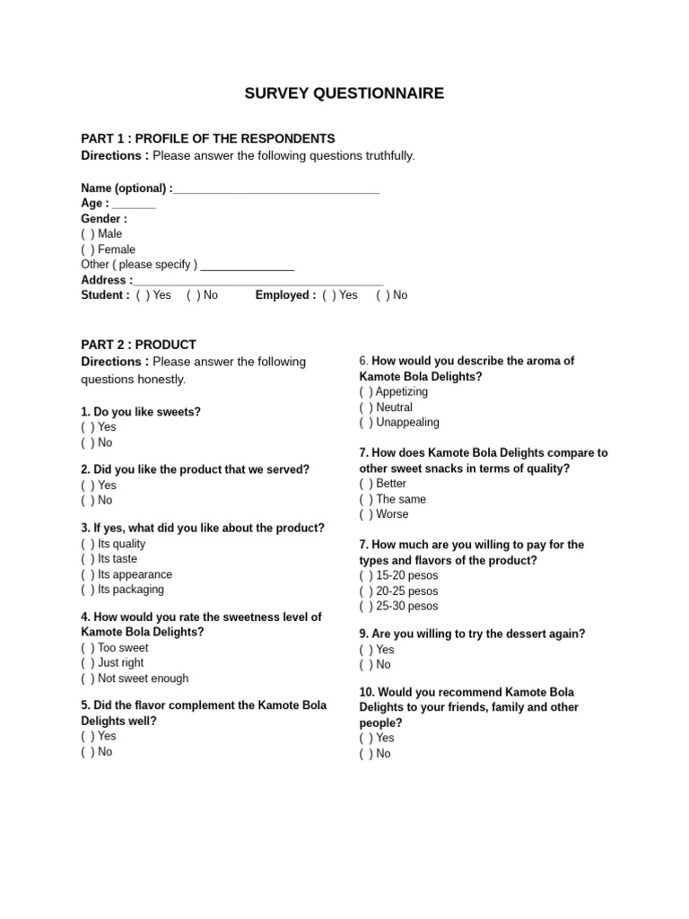 Kamote Bola Delights Survey Questionnaire | PDF