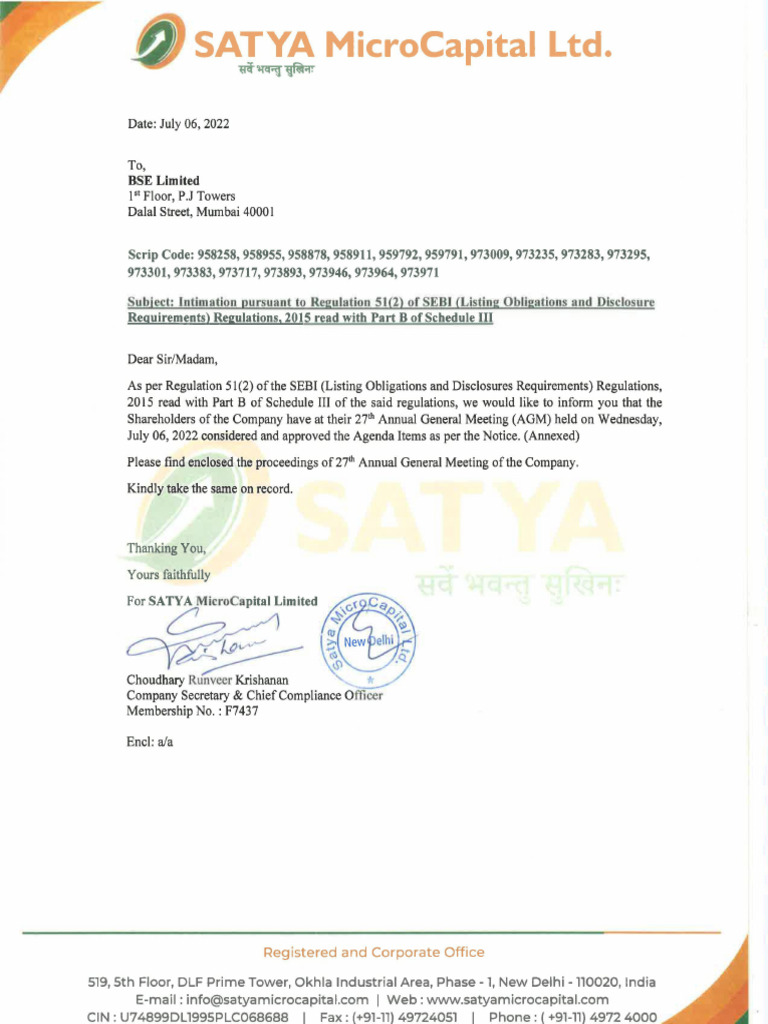 Intimation 51 (2) - 06072022 - Proceeding of 27th AGM | PDF | Financial ...