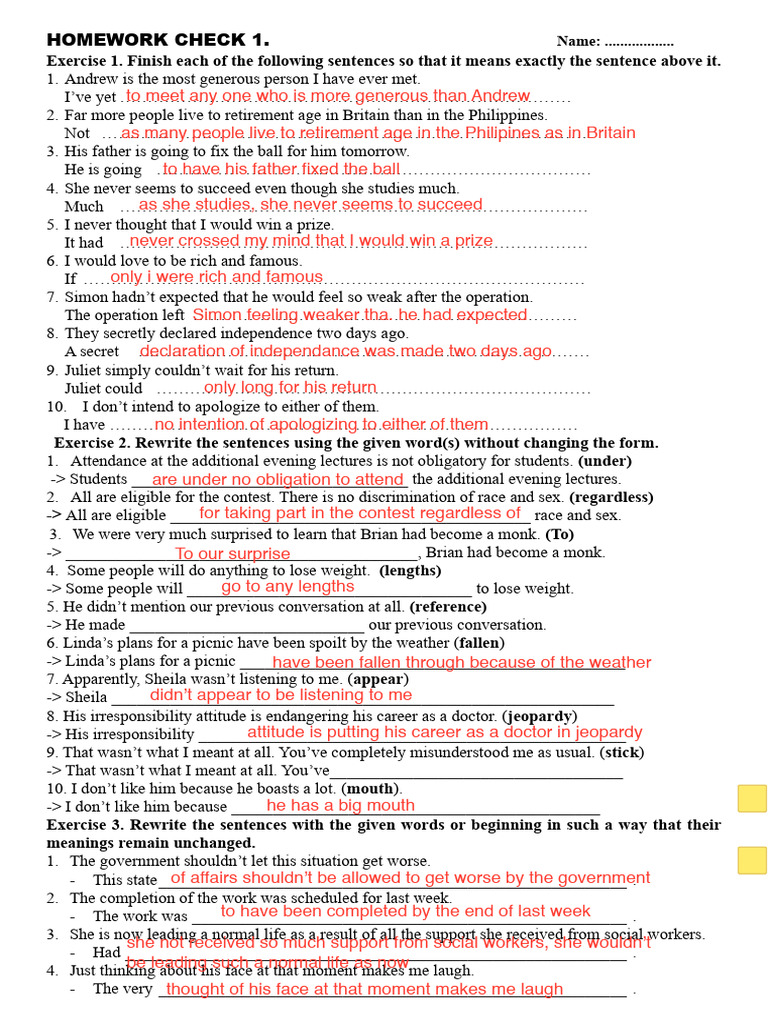 Homework Check 1. Sentence Transformation 1 | PDF