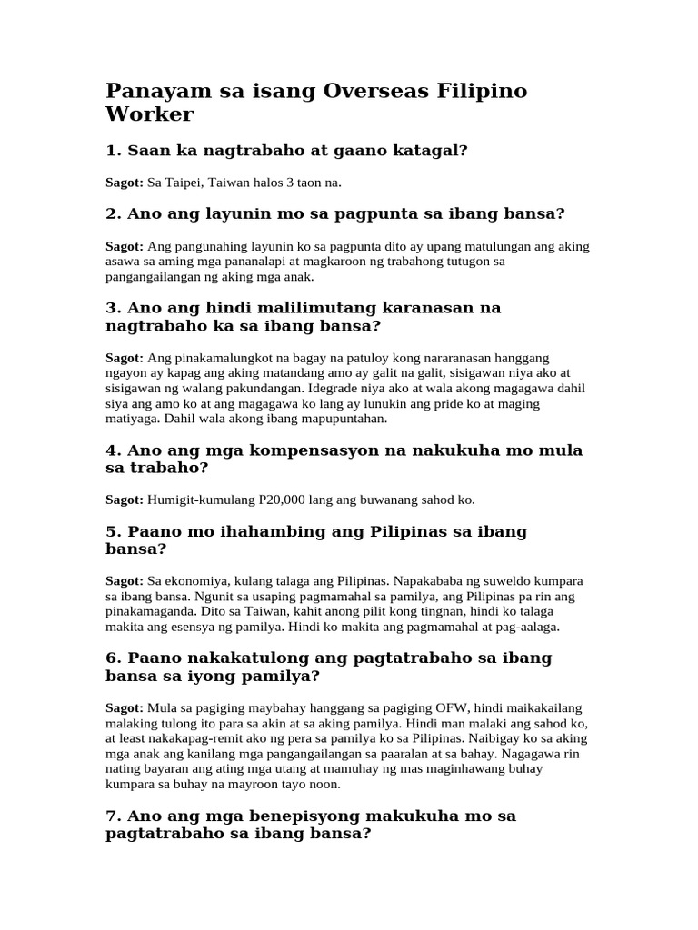 Panayam sa isang Overseas Filipino Worker | PDF