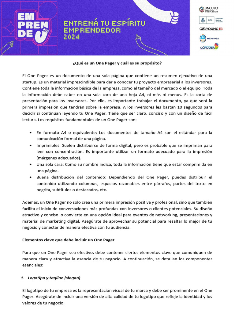 Qu es un one pager y cu l es su prop sito pdf modelo de negocio