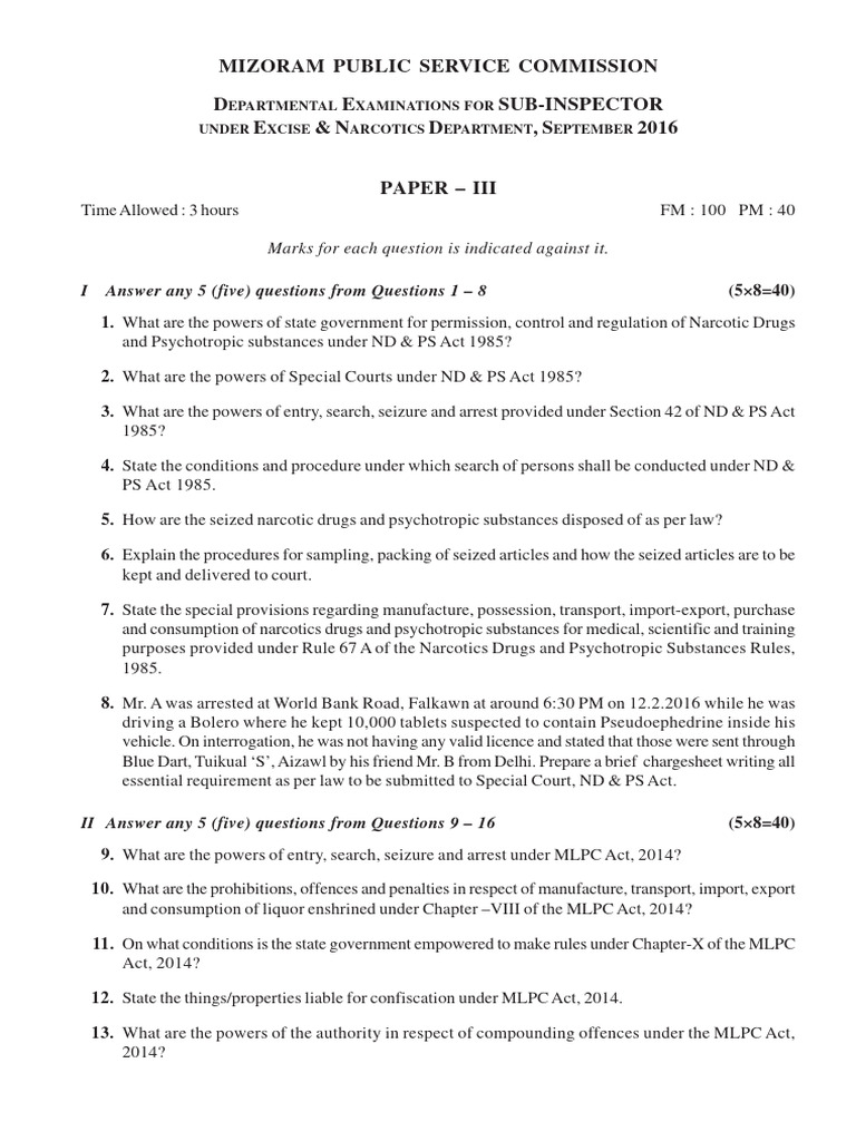 Departmental Exam For Sub Inspector Under Excise 2016 Paper III | PDF ...