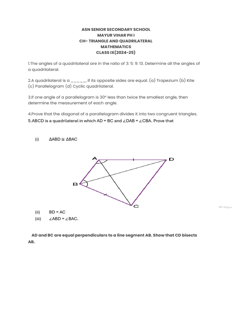 Assignment On CH Triangle and Quadrilateral Class IX | PDF
