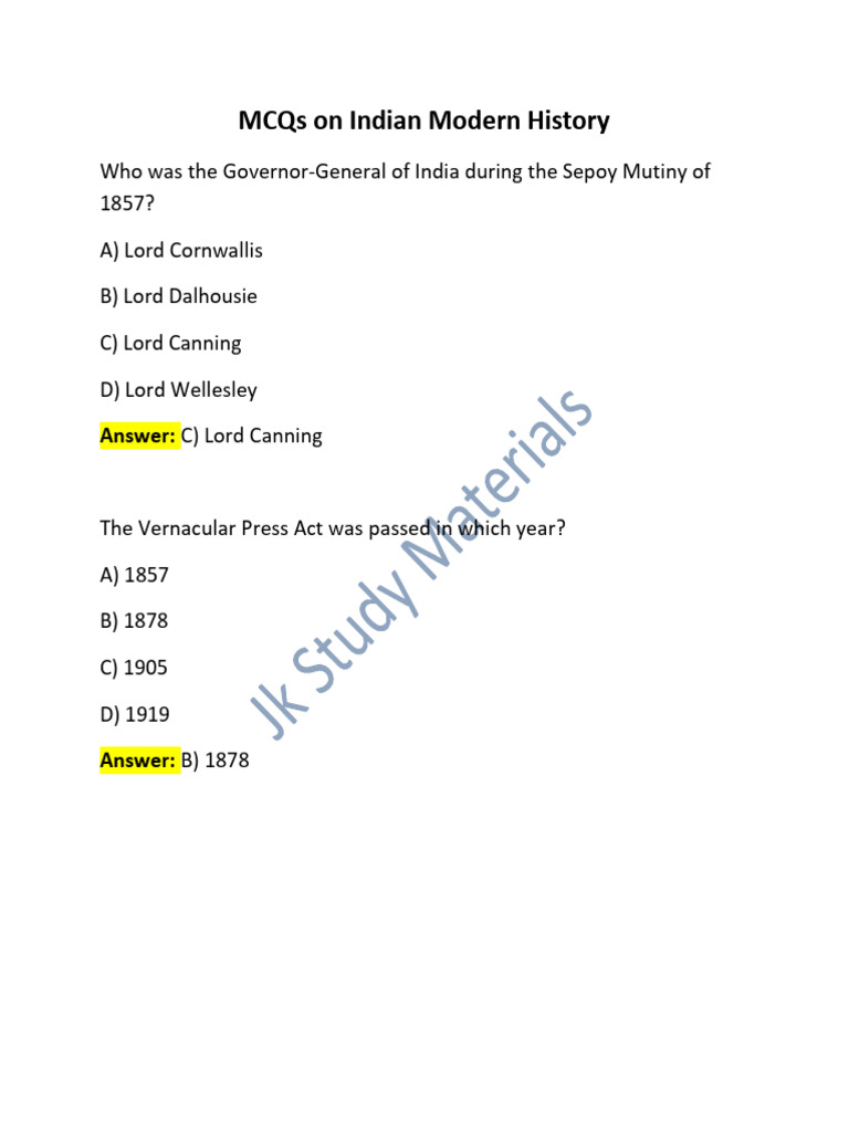 MCQs on Indian Modern History | PDF | Jawaharlal Nehru | Pakistan ...