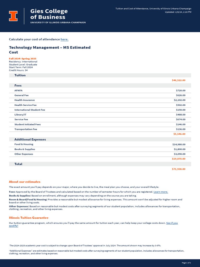 UIUC MS Tech Management Costs 2024-25 | PDF | Cost Of Living | Tuition ...
