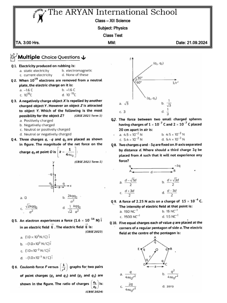 Class XII Physics Test - ARYAN School | PDF
