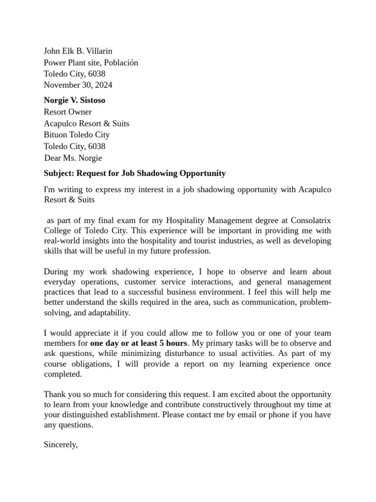 Job Shadowing Request for Hospitality Degree | PDF