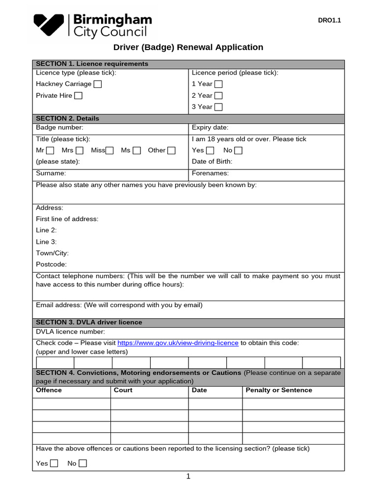 DRO1.1 Driver Renewal Application | PDF | License | Driver's License