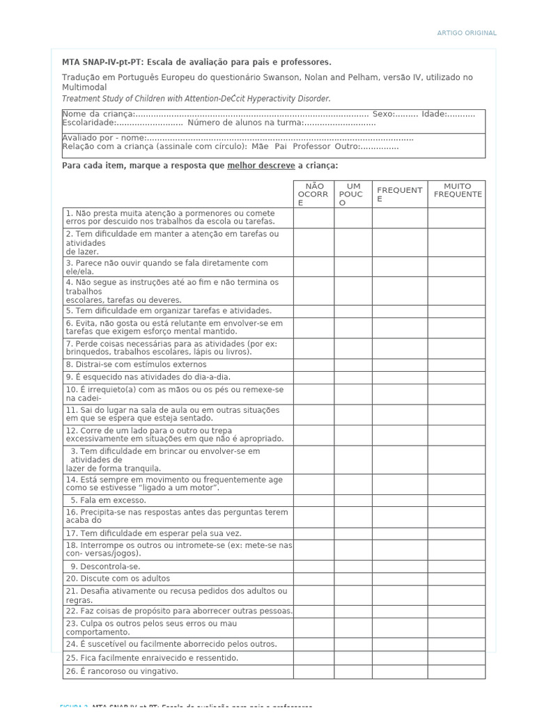 Escala MTA SNAP-IV para Avaliação Infantil | PDF