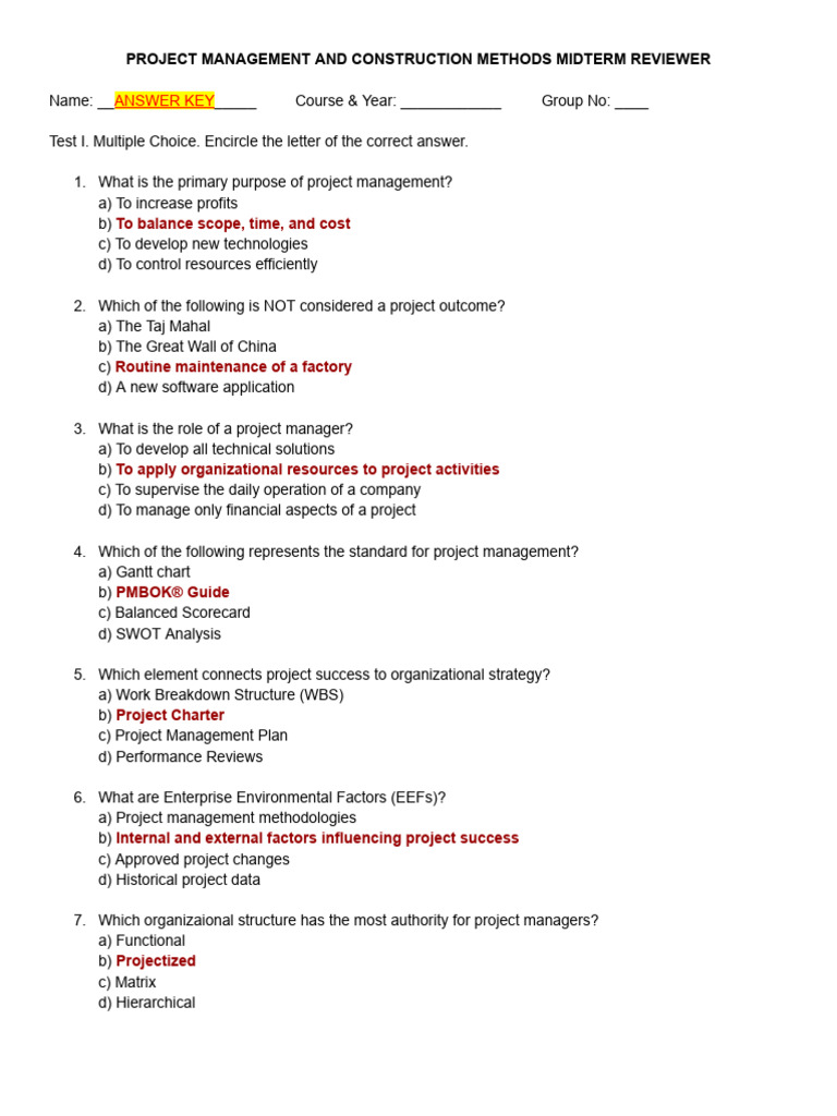 ANSWER KEY For Reviewer 1 | PDF | Project Management | Business