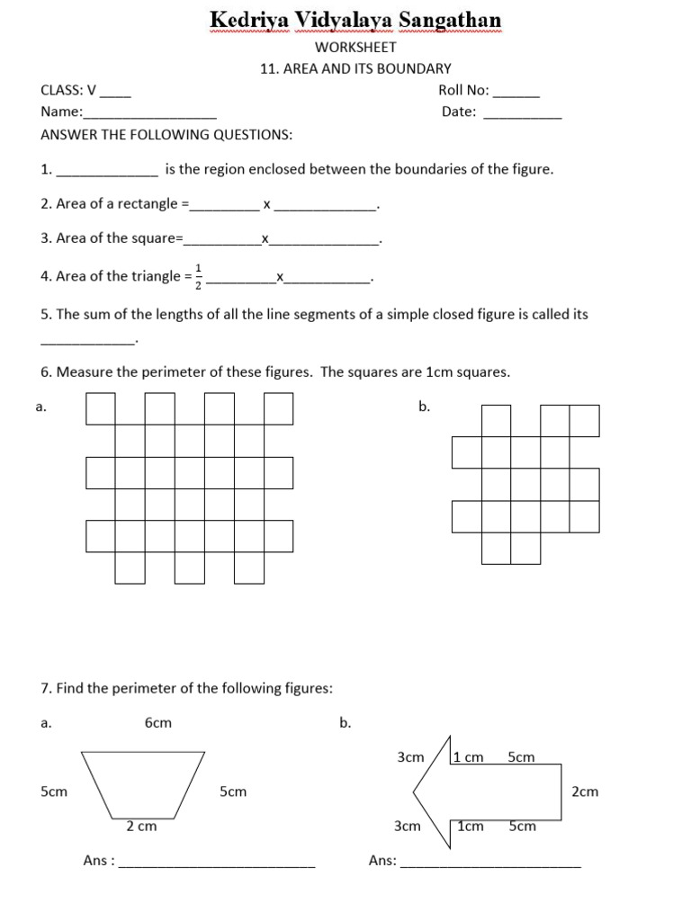 Class 5 Area and Perimeter Worksheet | PDF | Area | Length
