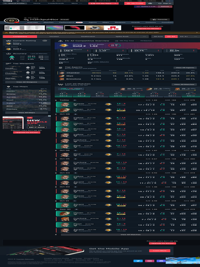 H3h3pul4tor#real's Valorant Stats - Valorant Tracker | PDF